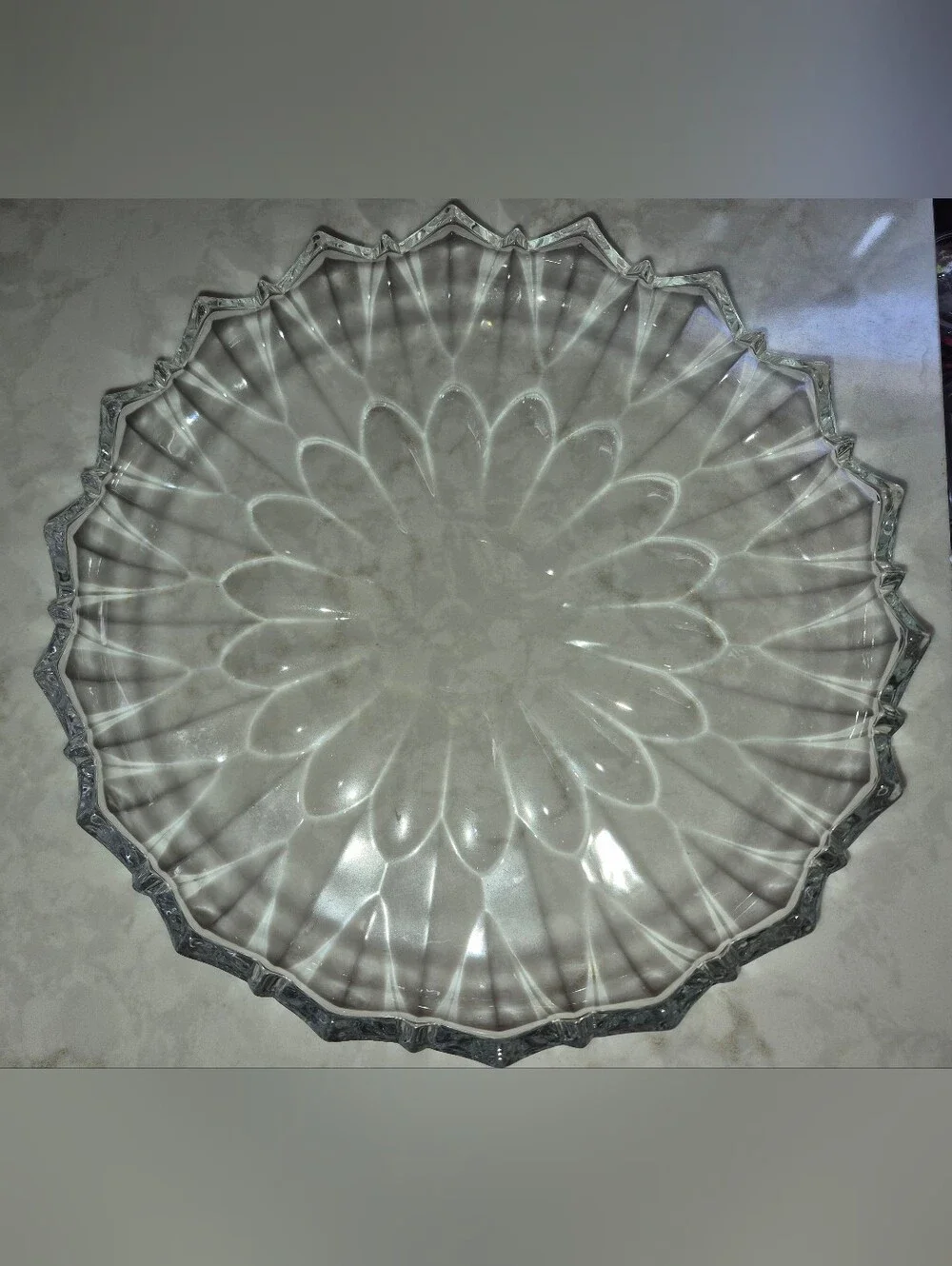 Vintage clear pressed-glass serving platter,  Radial Sunflower Scalloped Rim